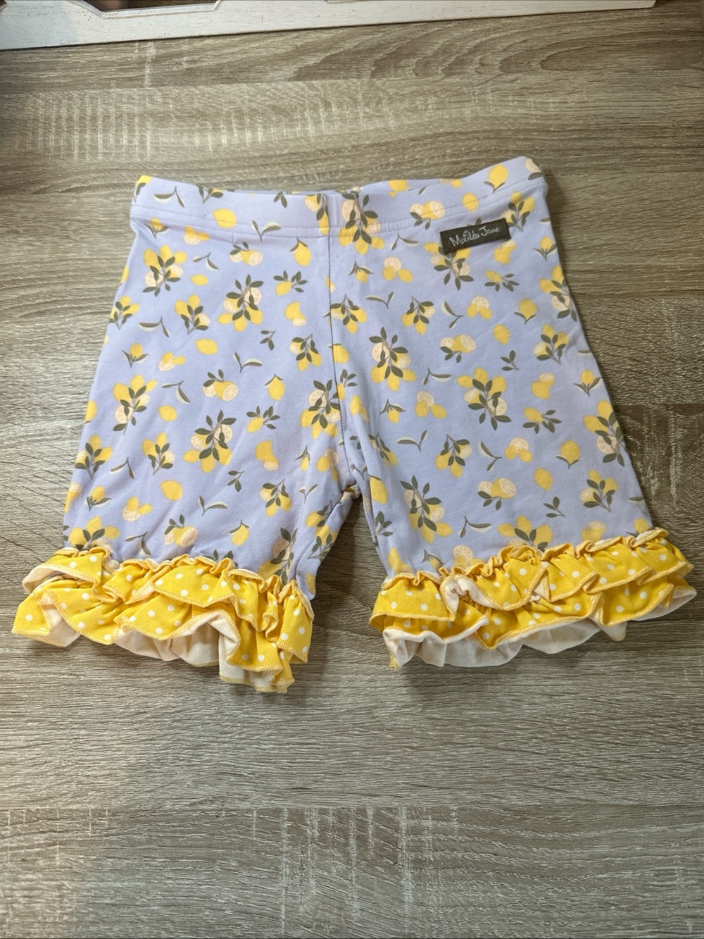 Matilda Jane Lemon Print Shorts Girls Size 8 Ruffle Hem Blue YellowPin Hole
